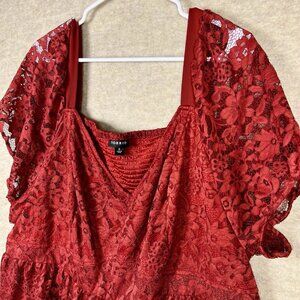 Torrid Babydoll Top Women’s Size 4X Red/Maroon Floral Lace Short Sleeve